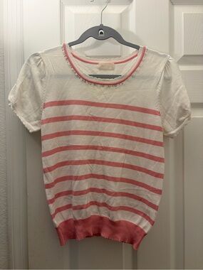 White & Pink Striped Short Sleeve Sweater Tee